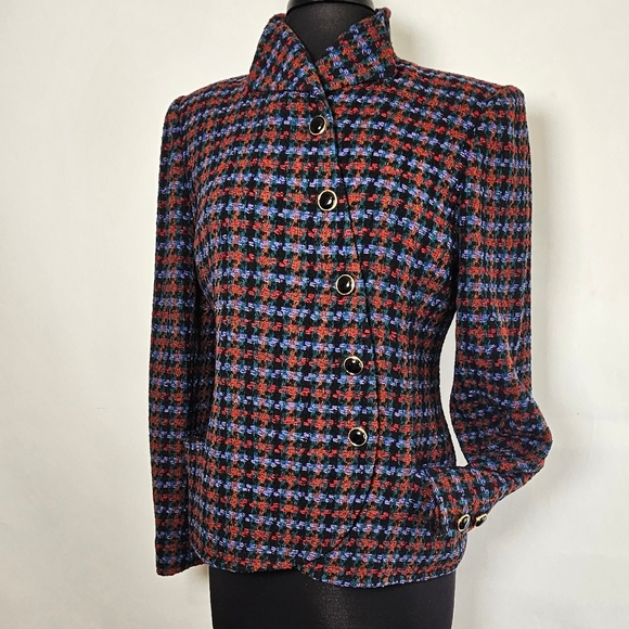 80's Ungaro wool houndstooth blazer asymmetrical button front 10 FIRM - Picture 3 of 11
